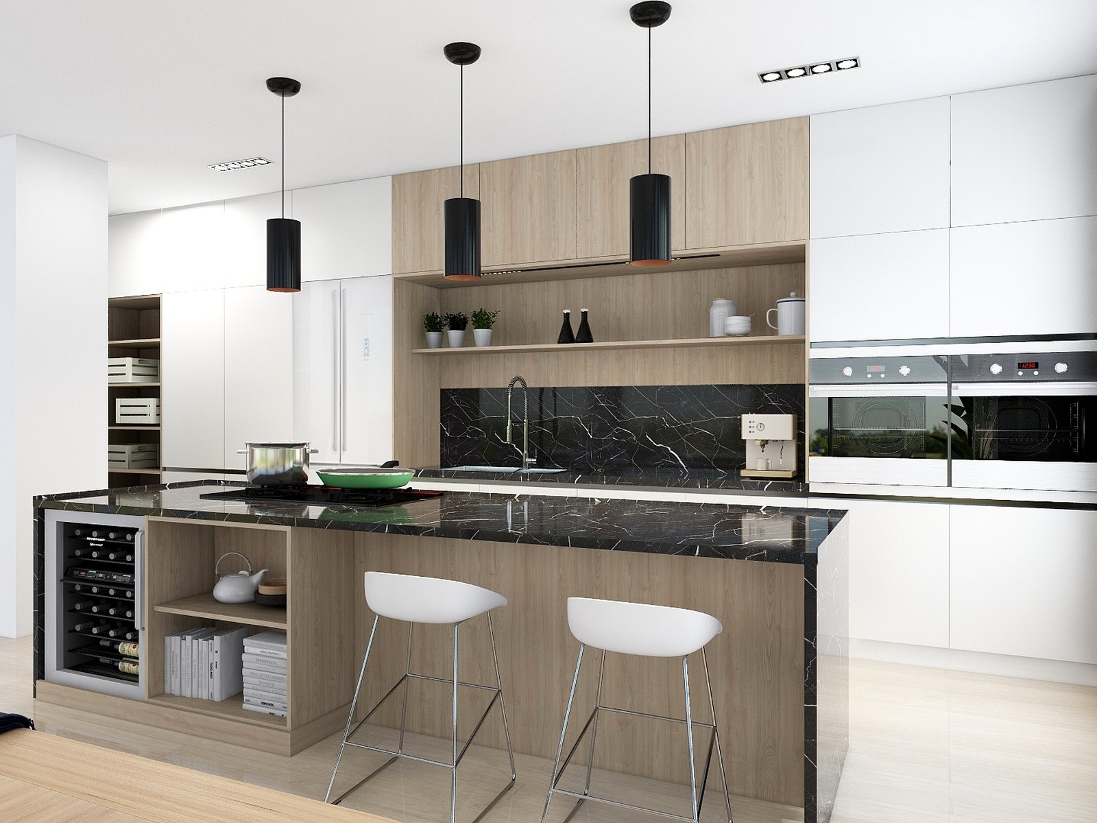 Kitchen with an oak island, a black worktop and bar stools