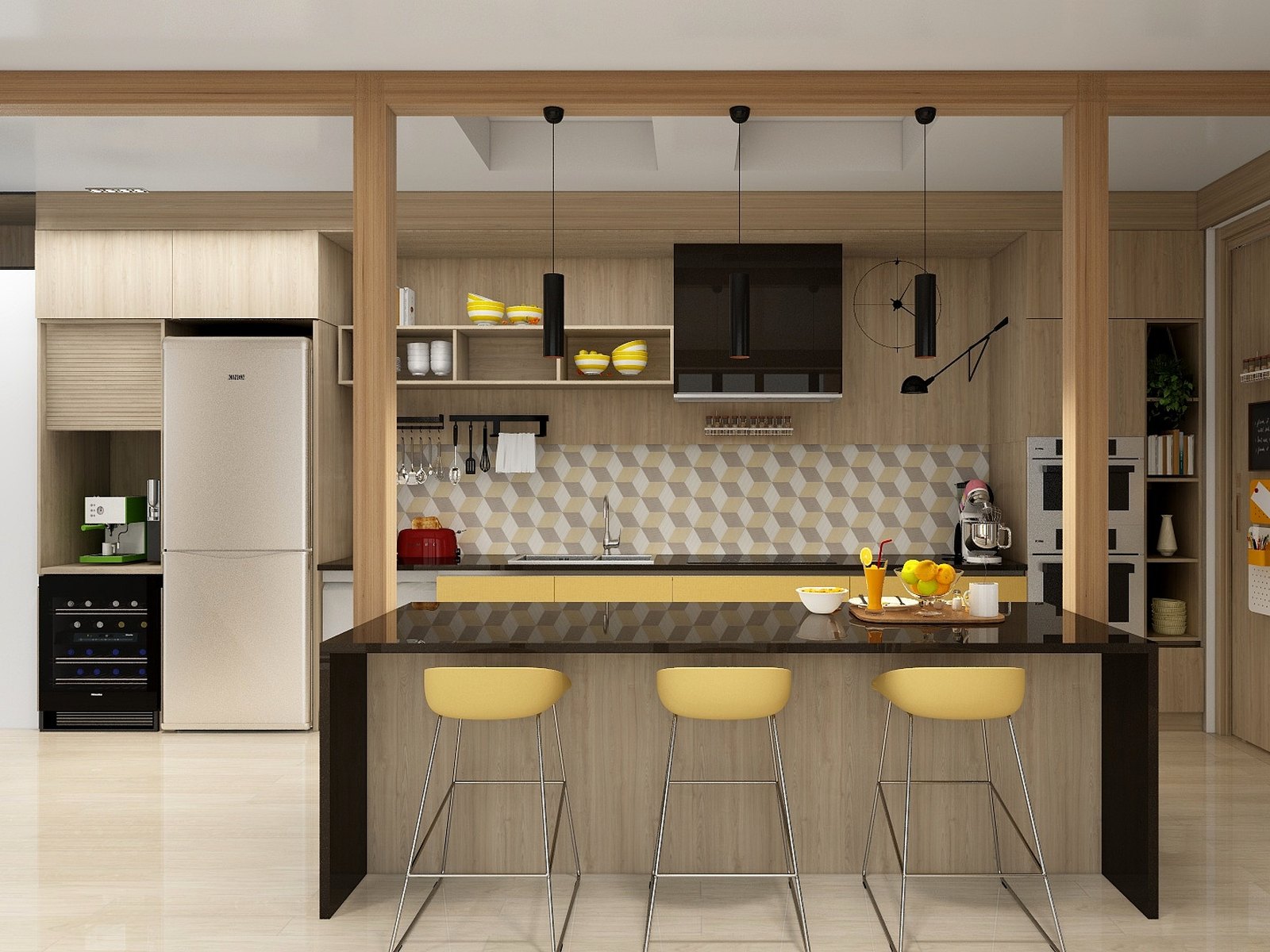 Kitchen with an island, yellow bar stools and timber beams, family house in Nové Mesto nad Váhom
