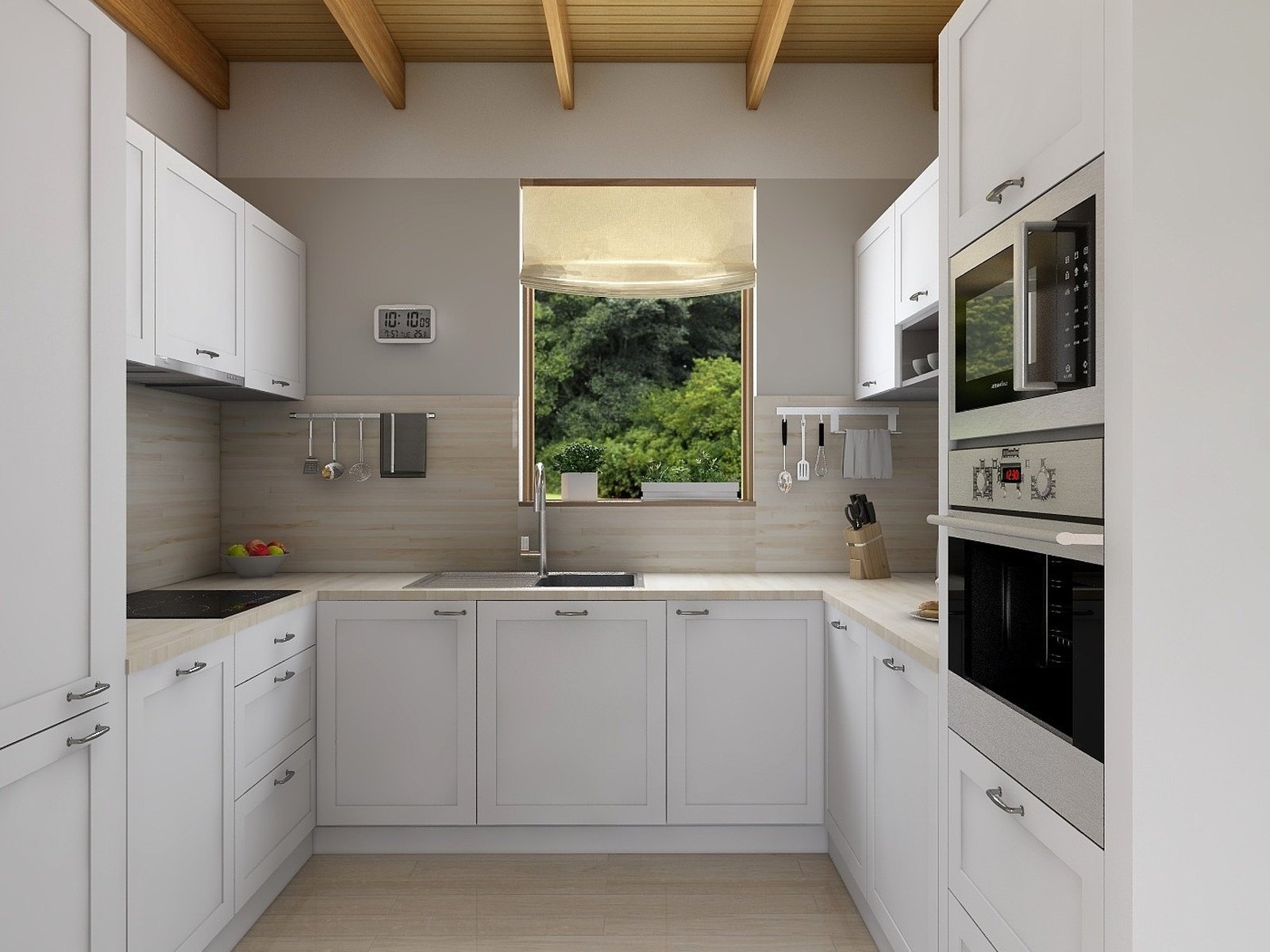 White U-shaped kitchen with a garden window and timber beams