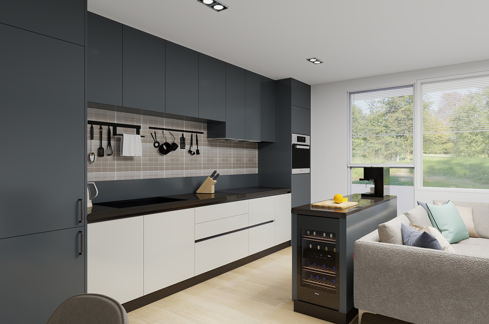 Kitchen with anthracite and white cabinets, a wine fridge and a garden view