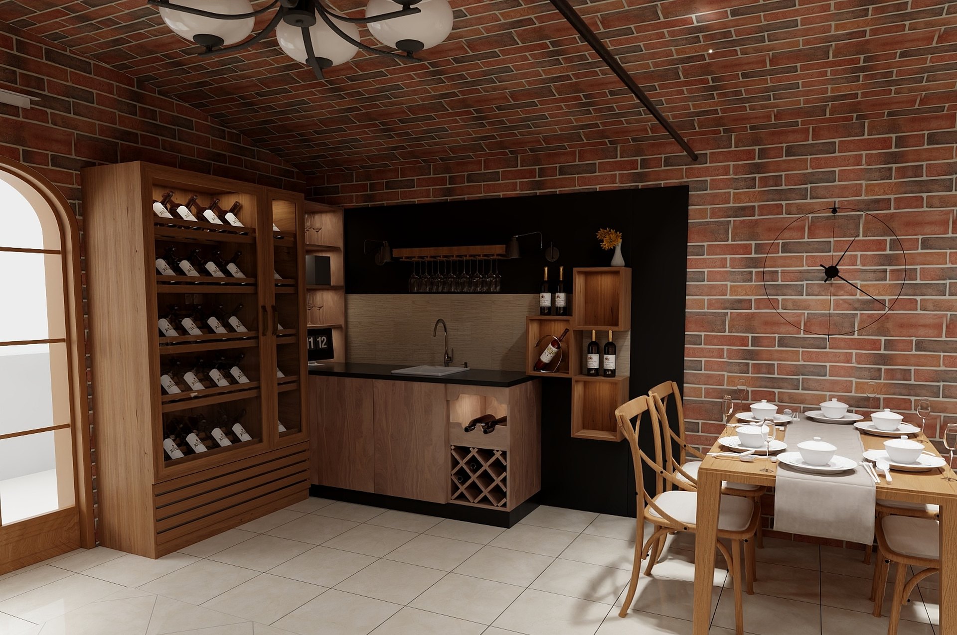 Wine bar with a brick wall, wine racks and a set table