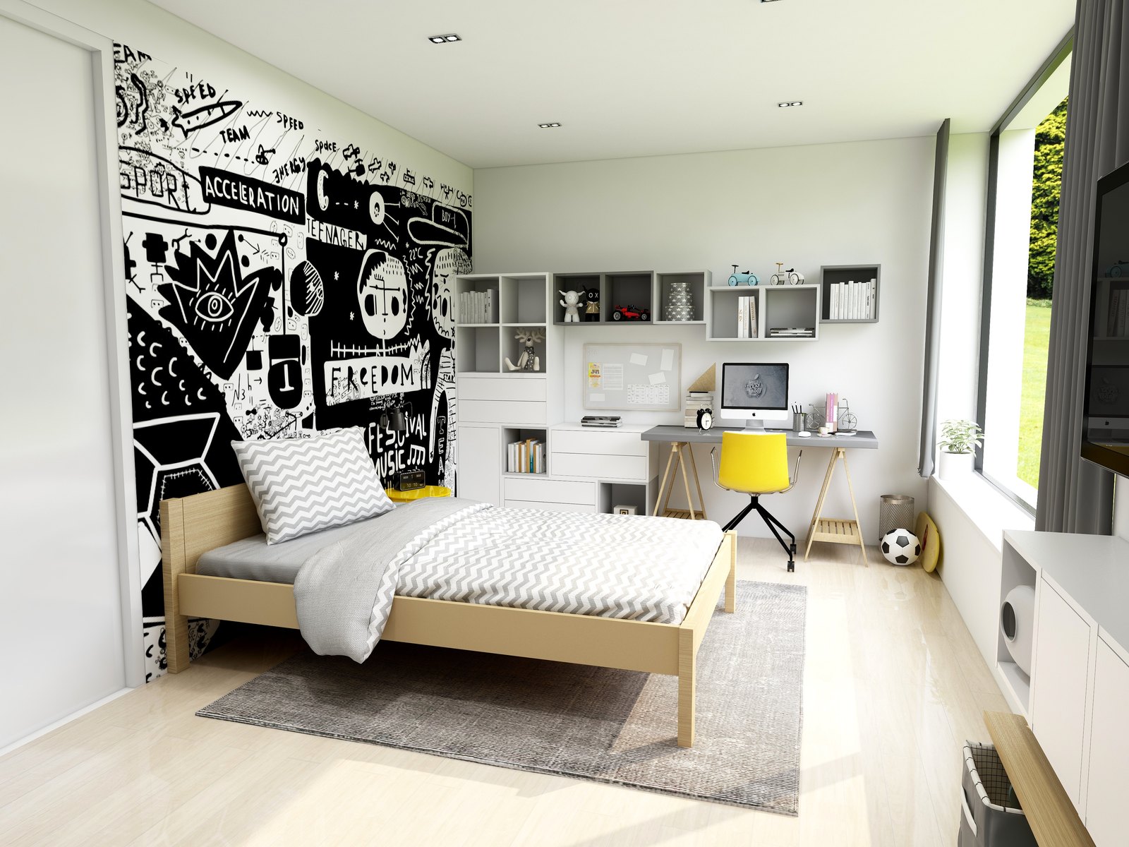 Children's room in Pezinok with a black-and-white wall mural, a wooden bed and a desk