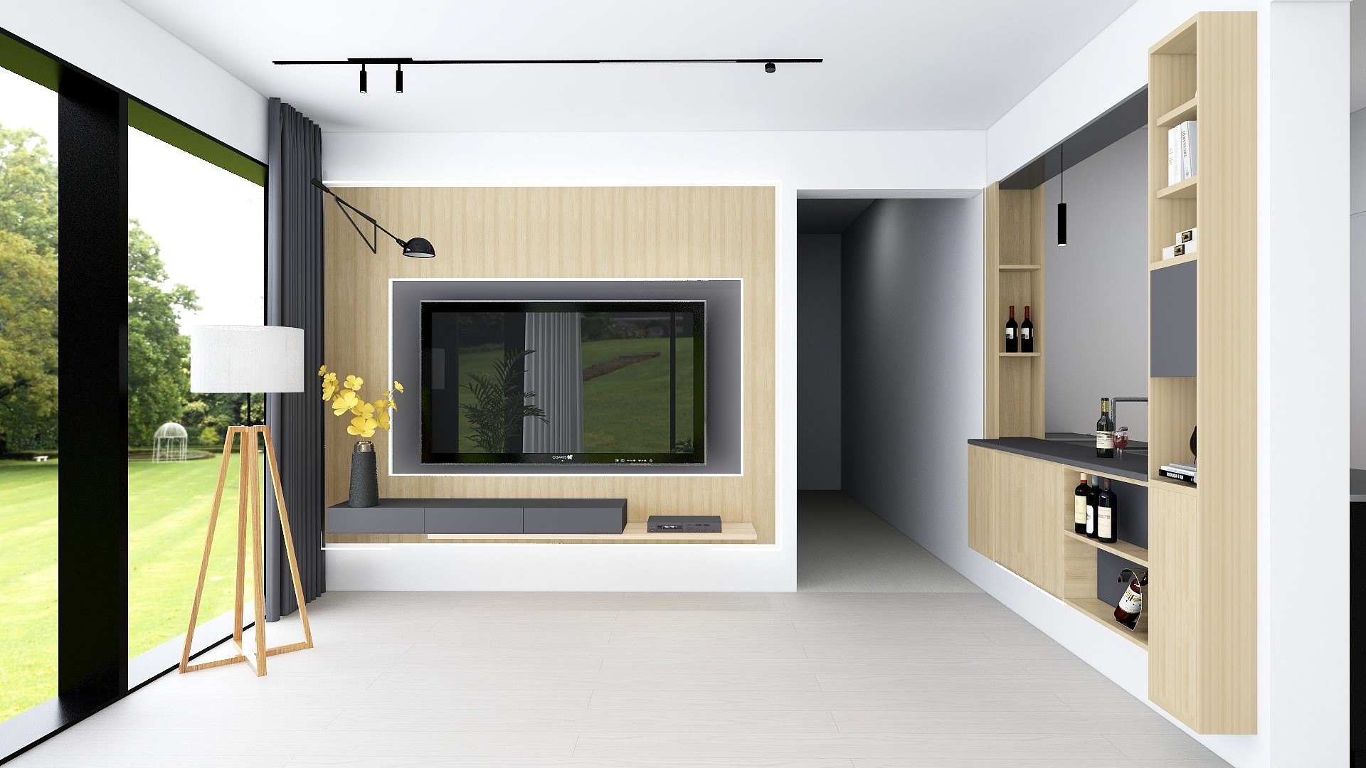 Living room with an oak TV wall and built-in shelving