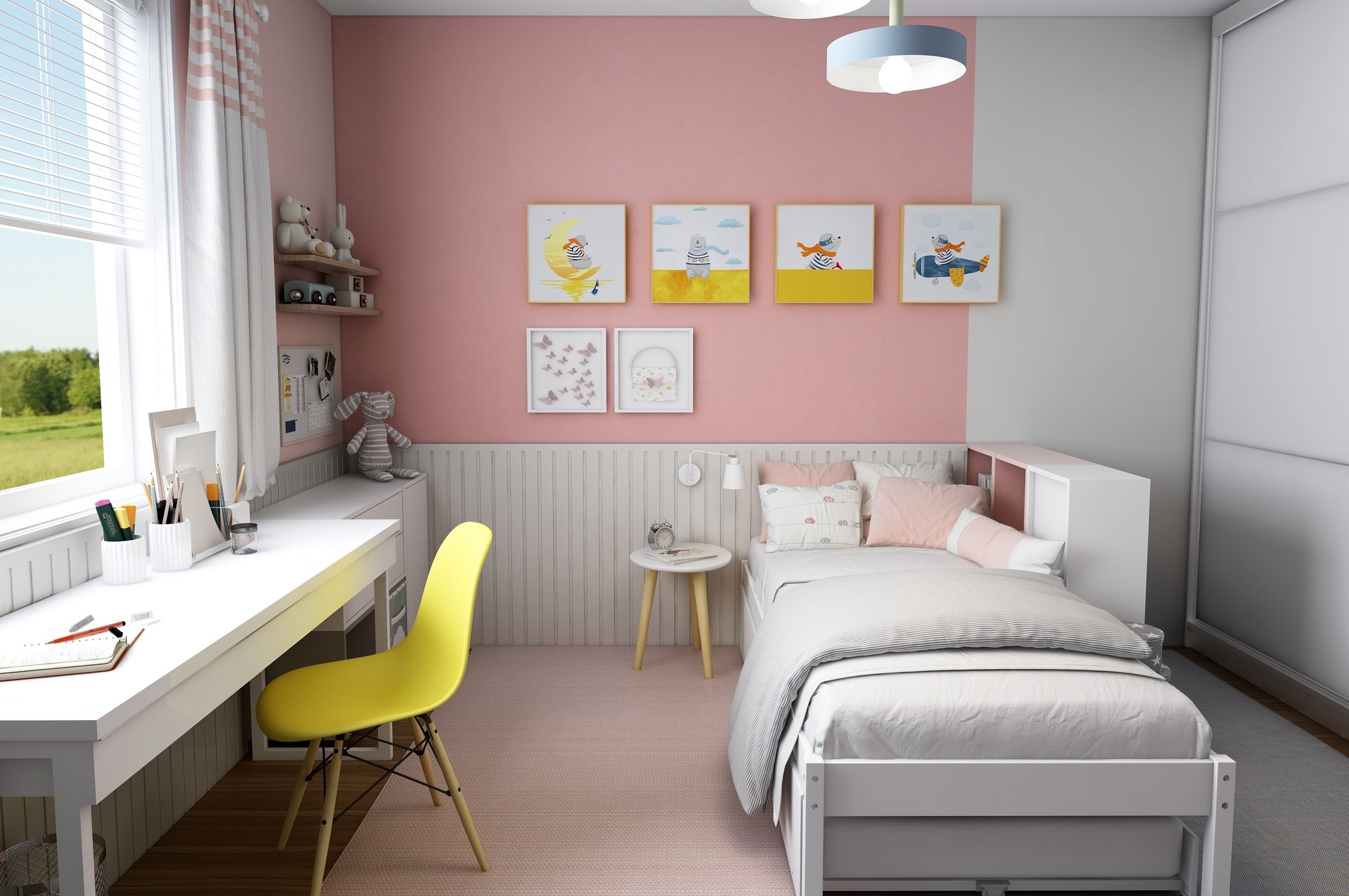 Children's room with a pink wall, a desk and a yellow chair