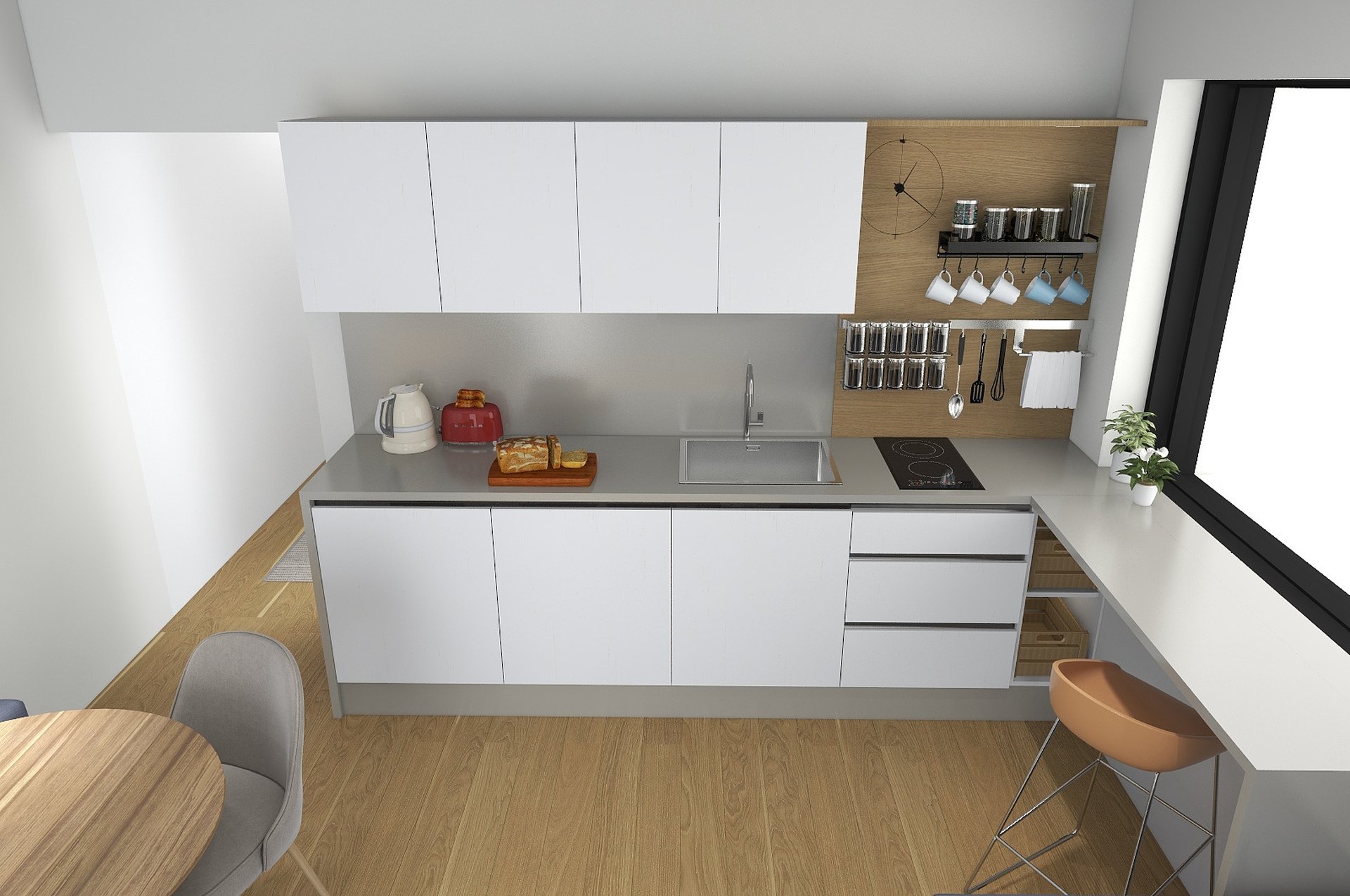 White kitchen with wooden shelves and a view of greenery