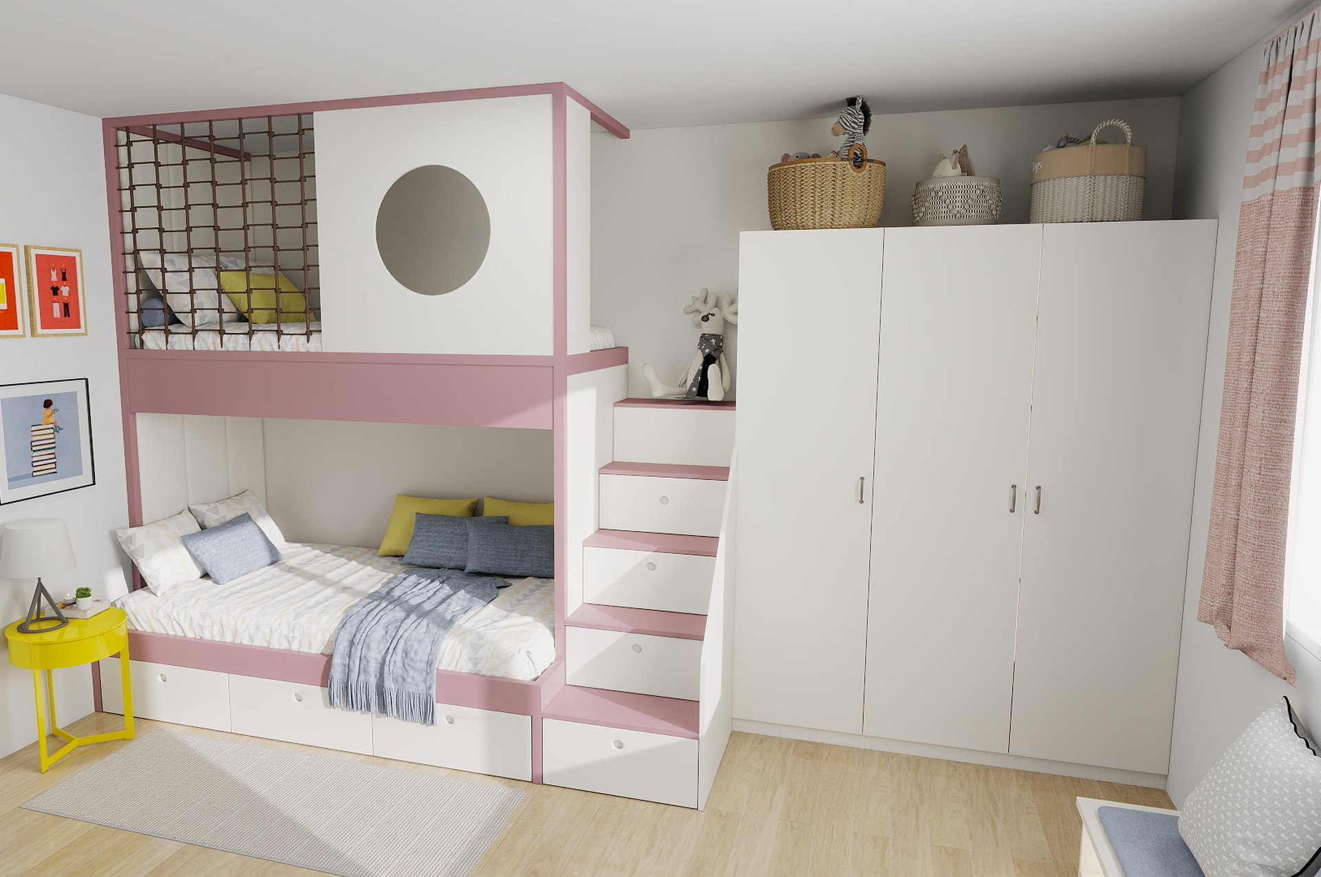 Children's room with a bunk bed, storage stairs and a white wardrobe