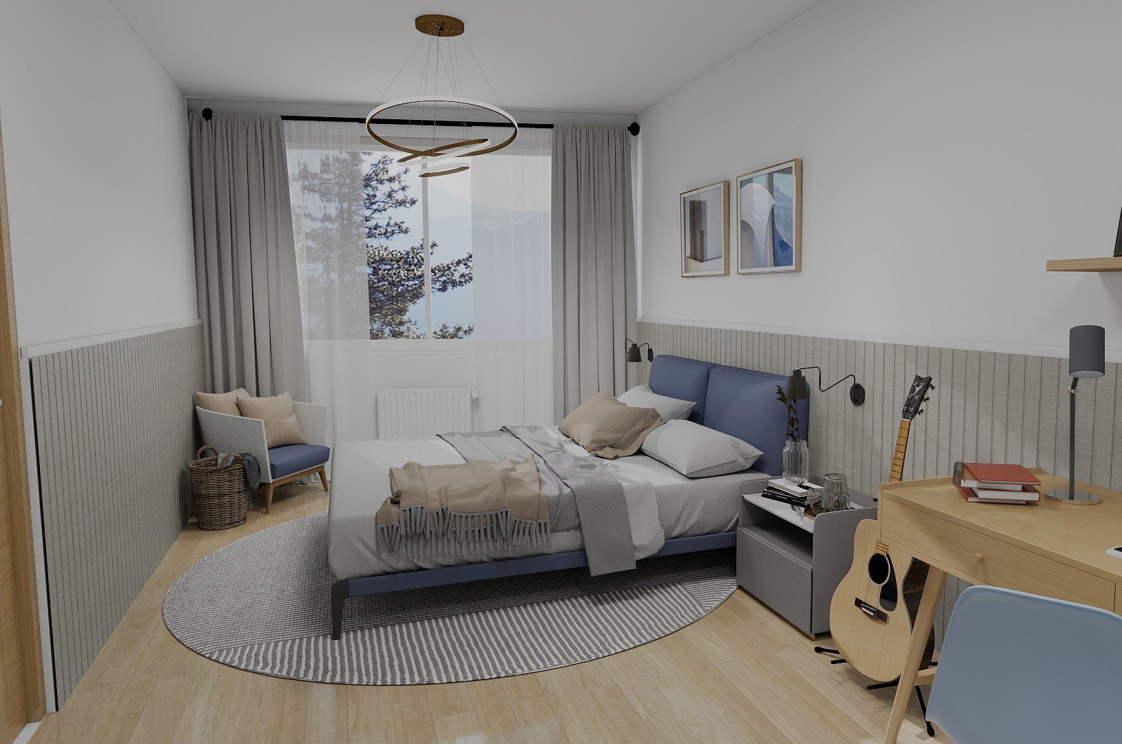 Bedroom with a desk, a guitar and a round rug