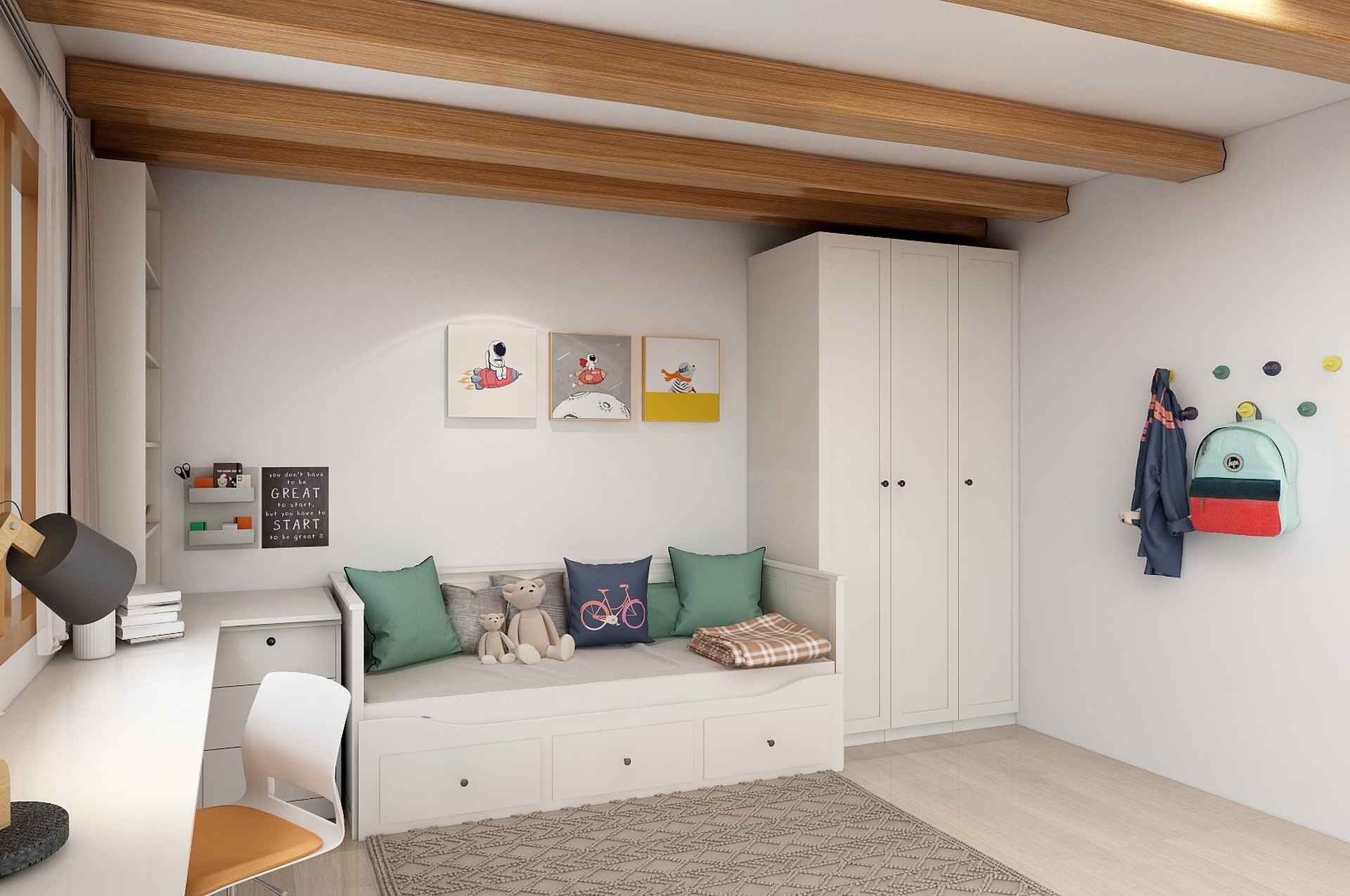 Children's room with timber beams, a white wardrobe and a daybed with cushions