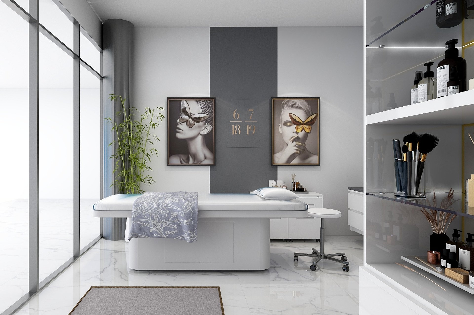 Beauty salon with a treatment bed, a light floor and cosmetics shelving