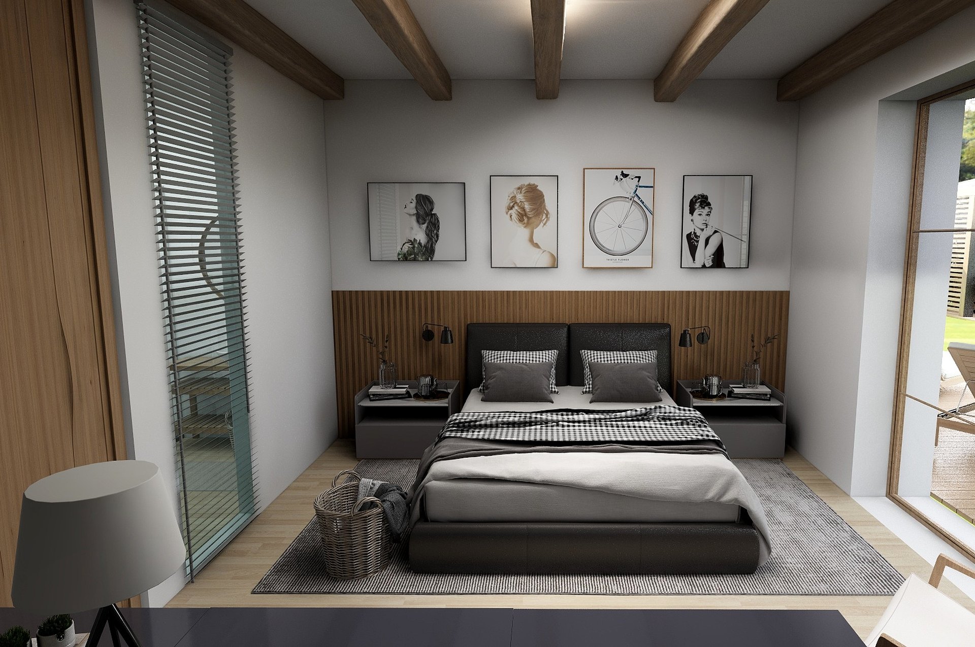 Bedroom with timber beams, an upholstered bed and black-and-white portraits