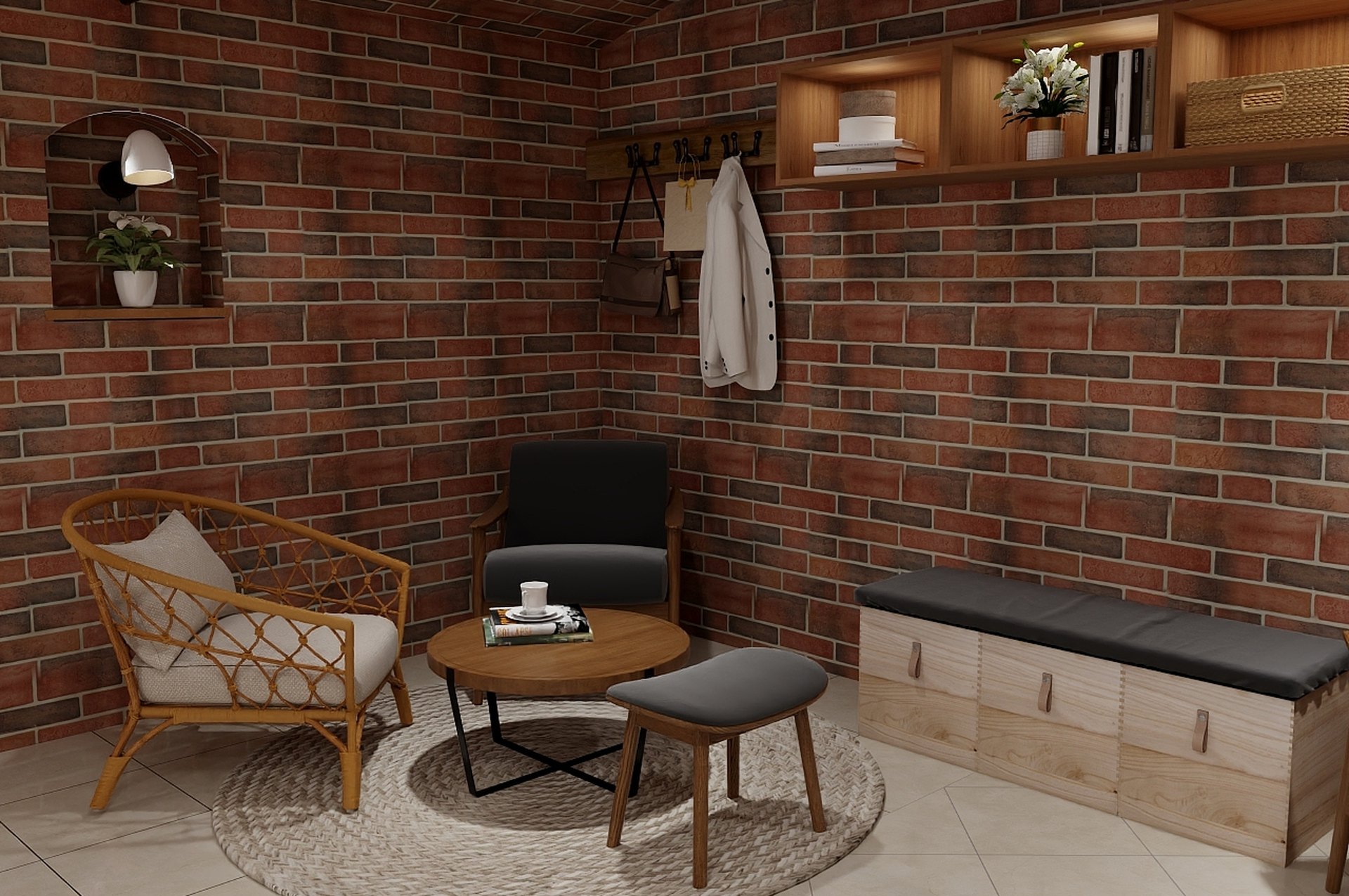 Seating area by a brick wall with a rattan armchair and a round coffee table