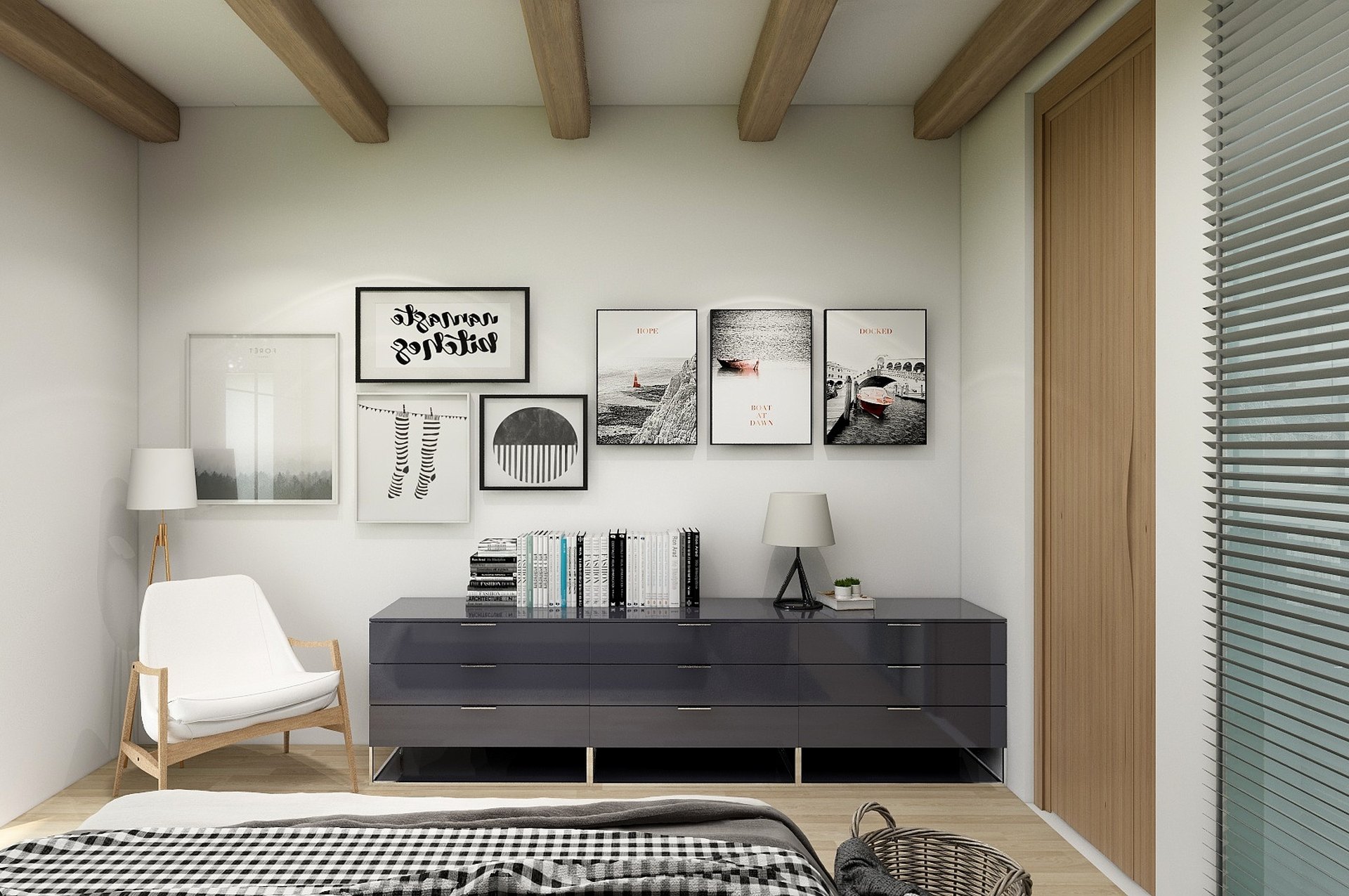 Bedroom with timber beams, an anthracite chest of drawers and black-and-white prints