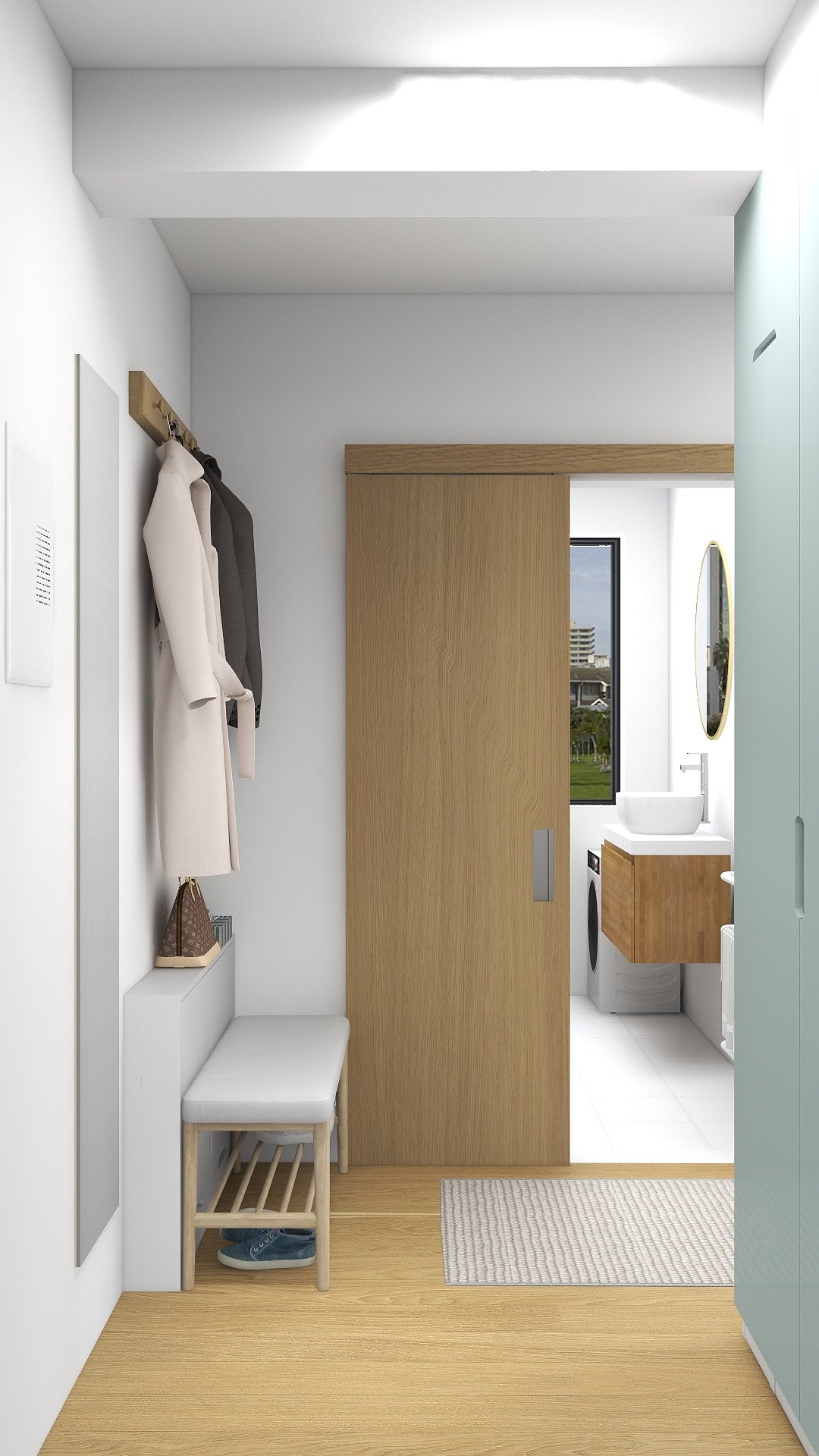 Hallway with a sliding wooden door and a shoe bench