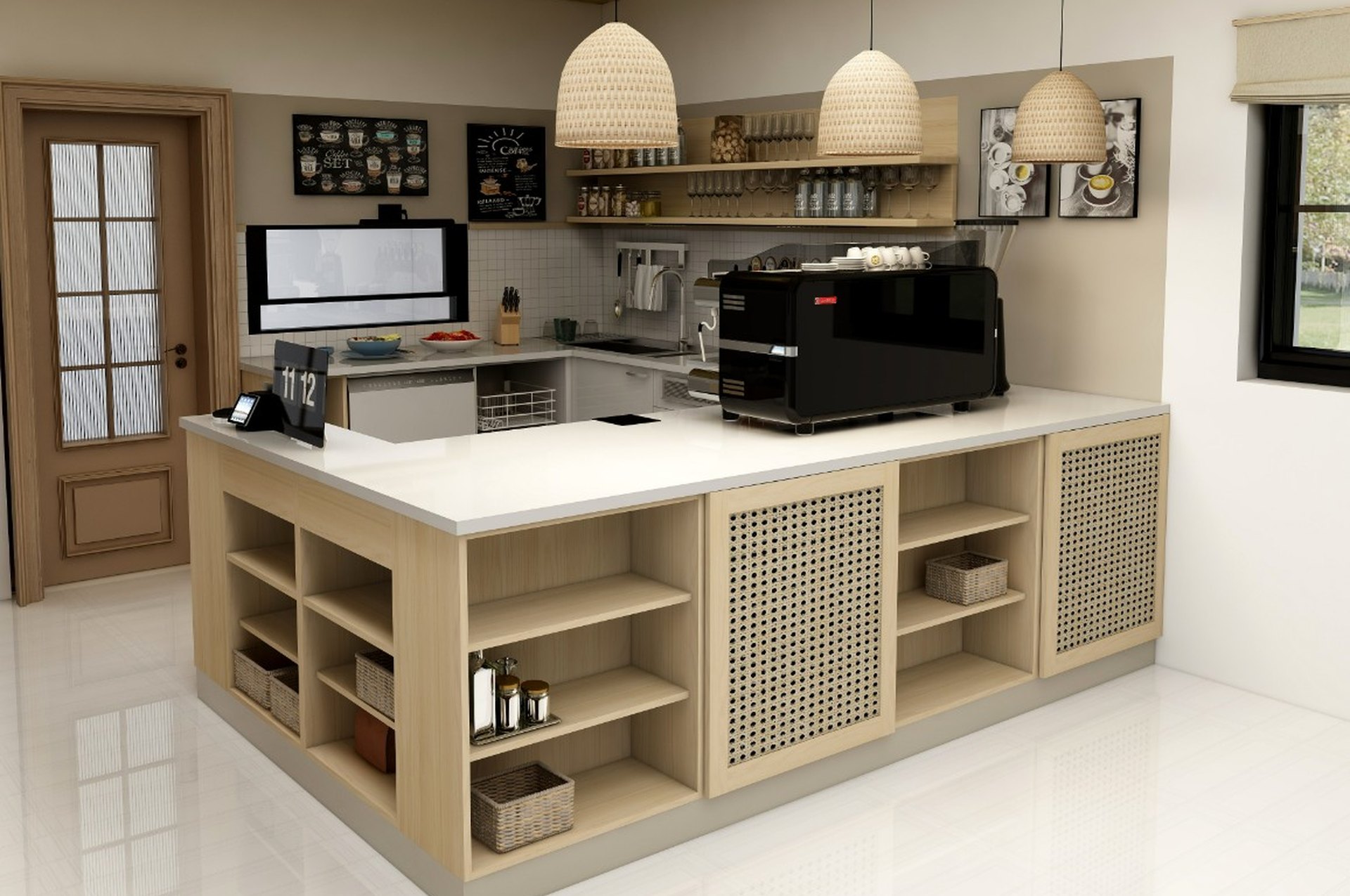 Bar counter with a coffee machine, rattan pendants and a timber ceiling