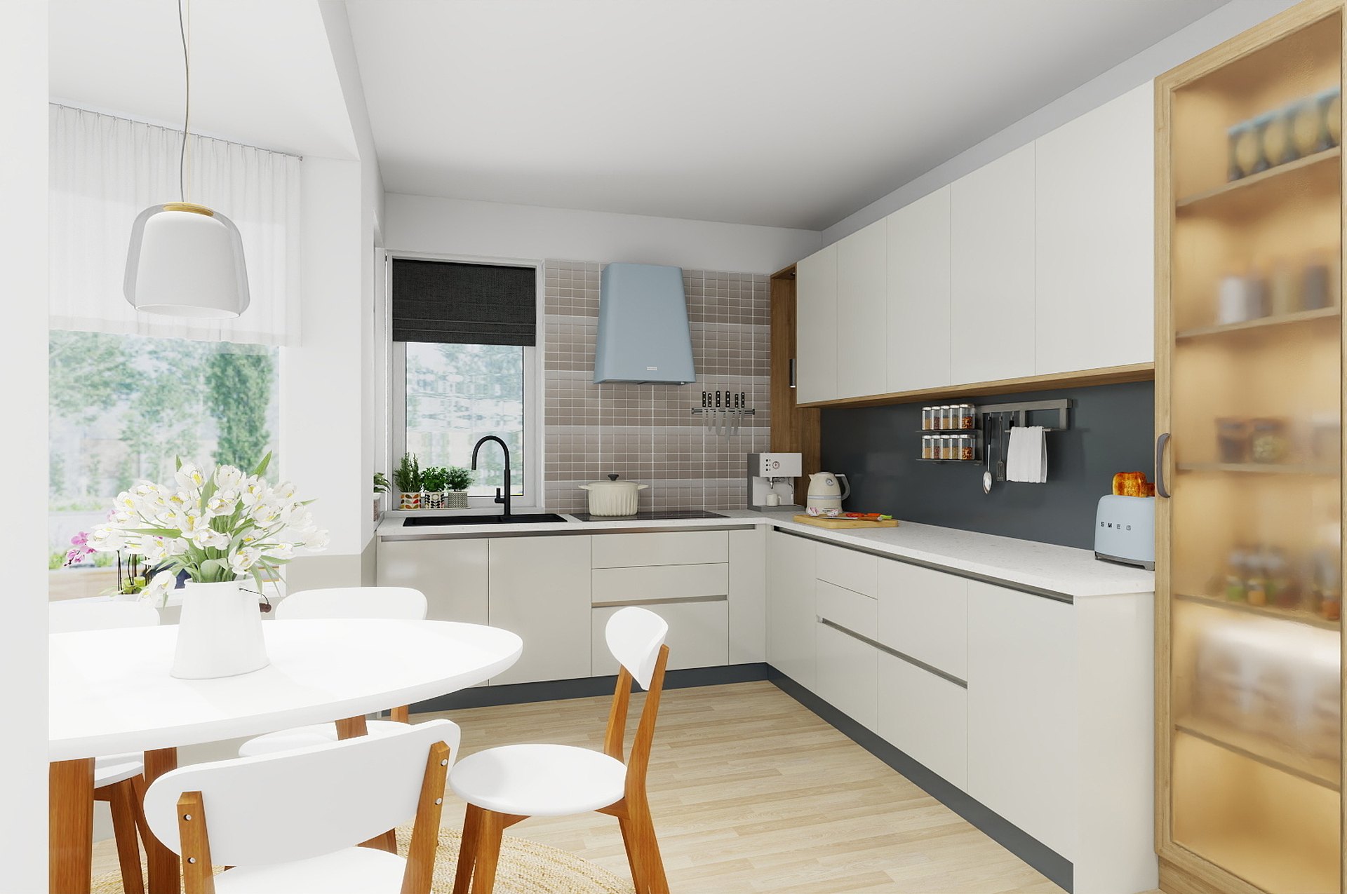 Kitchen with white cabinets, a glass-fronted cabinet and a dining table