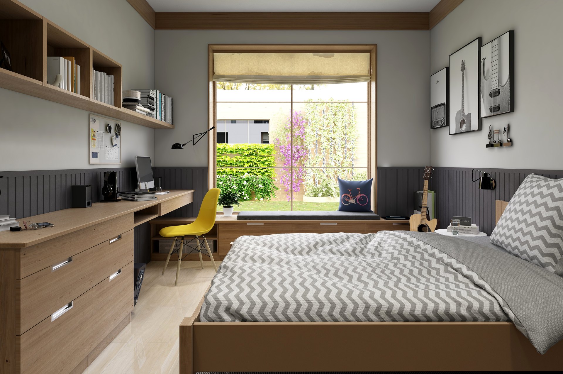Bedroom with a wooden bed, a desk by the window and bookshelves