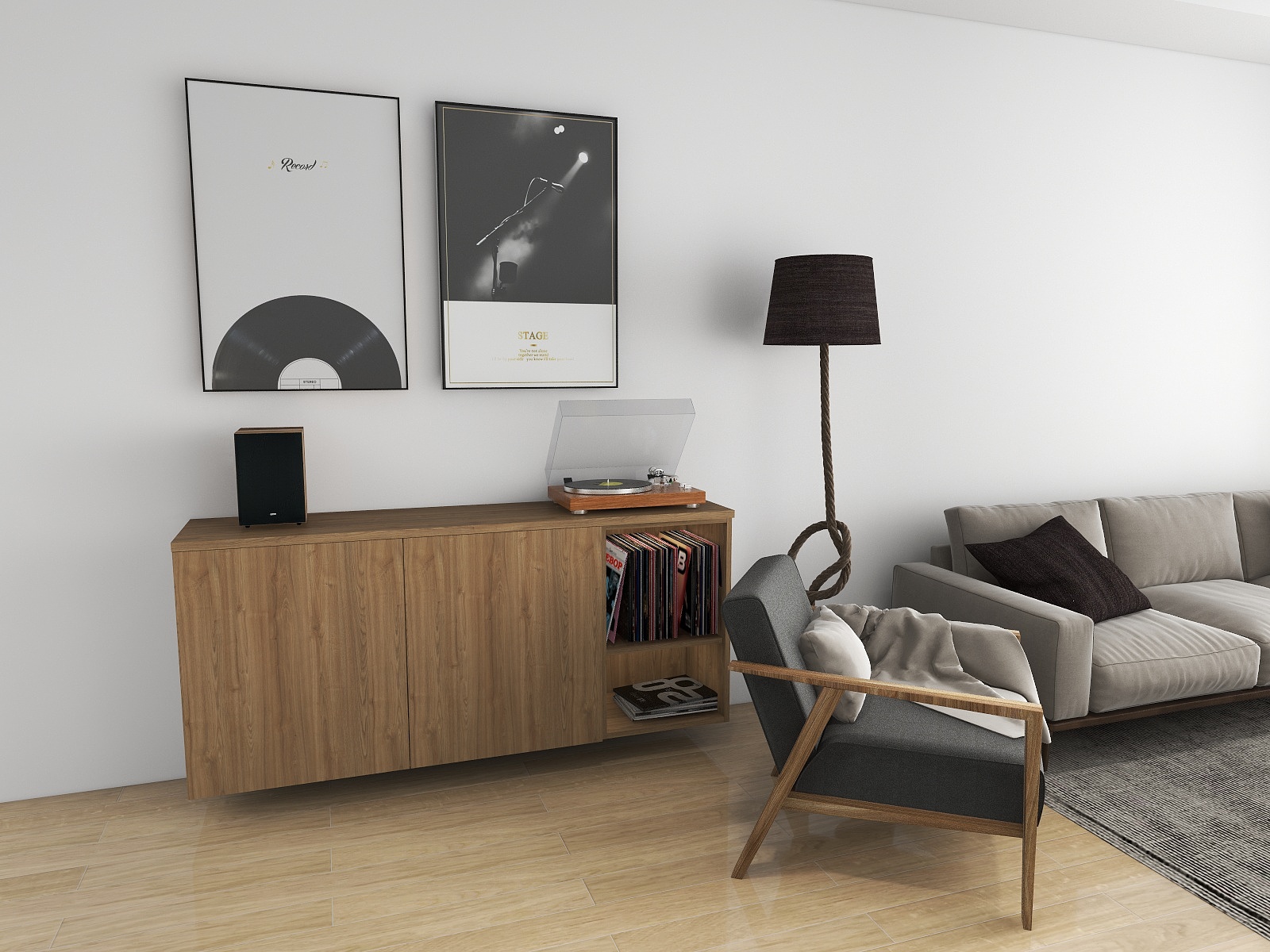 Living room of a flat in Piešťany with a wooden sideboard, a record player and an armchair