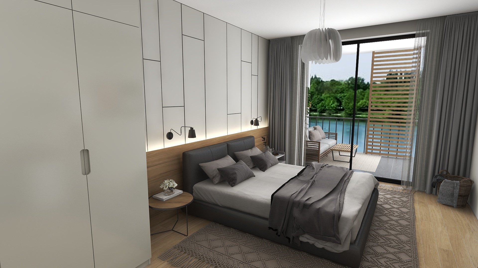 Bedroom with white built-in wardrobes, a grey bed and a view of the water