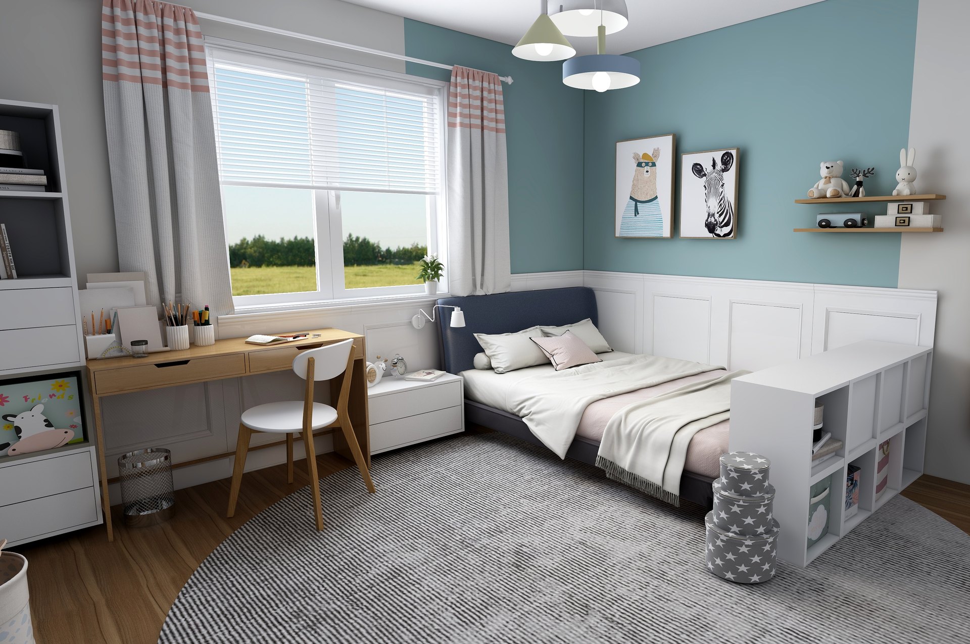 Children's room with a blue wall, a bed, a desk and animal pictures