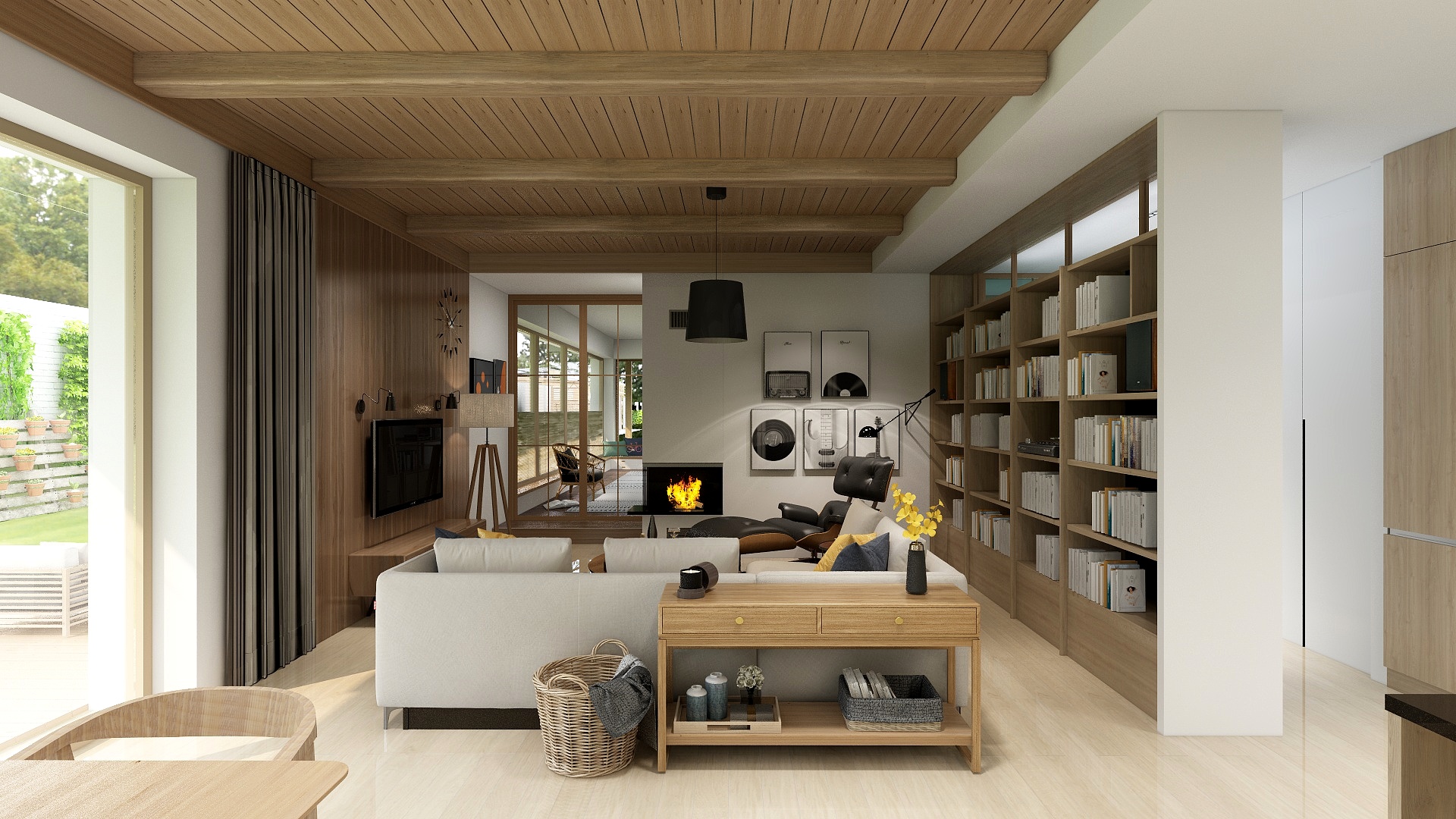 Open-plan living room with a timber ceiling, a white sofa, a fireplace and a tall bookcase