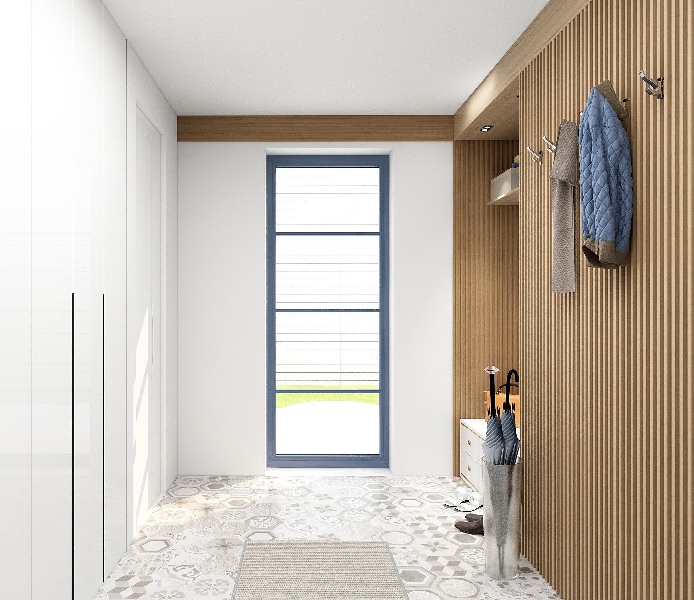 Entrance hall with a wooden slat wall, coat hooks and patterned floor tiles