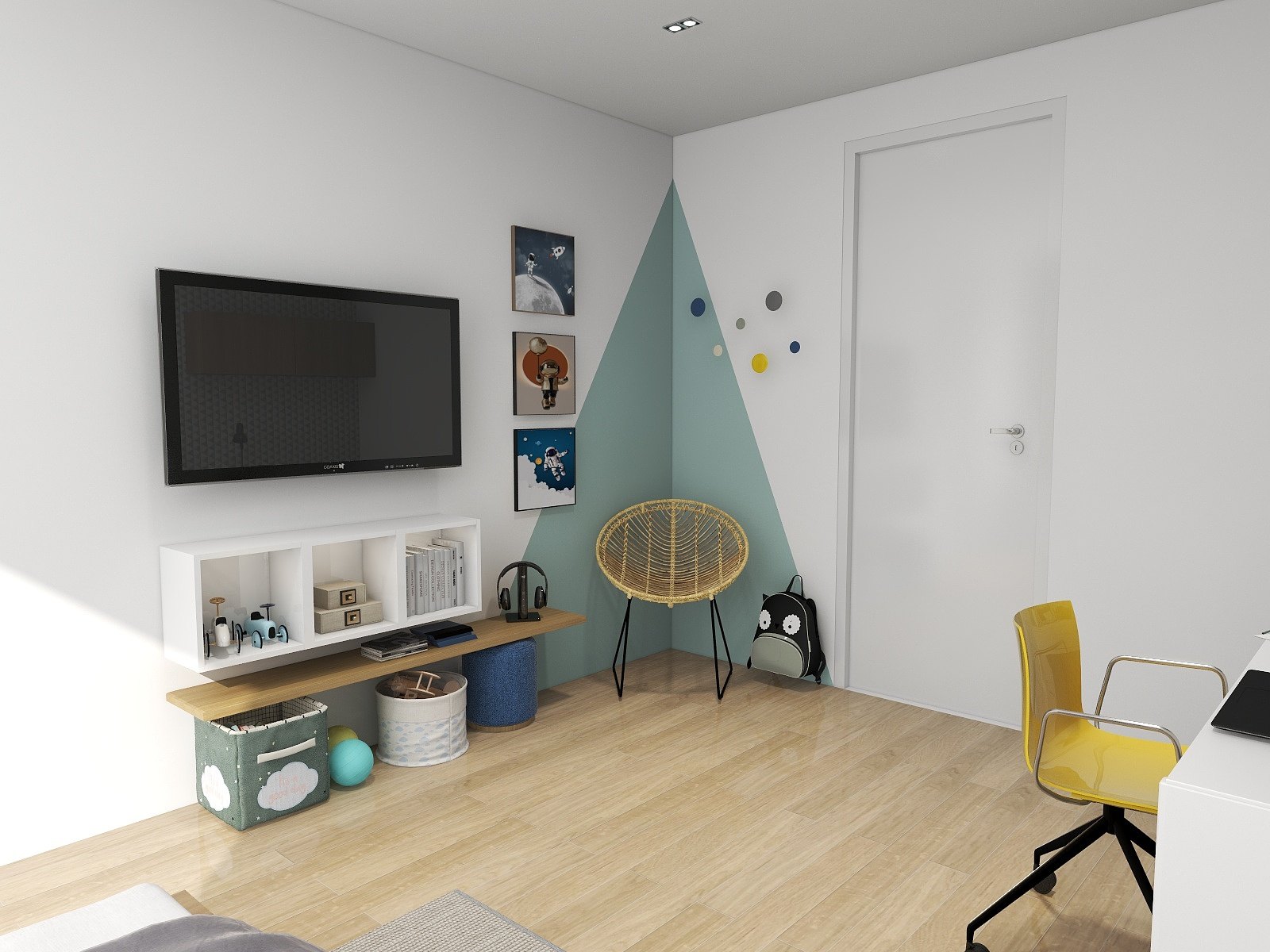 Room with a turquoise triangle on the wall, a rattan chair and a yellow chair