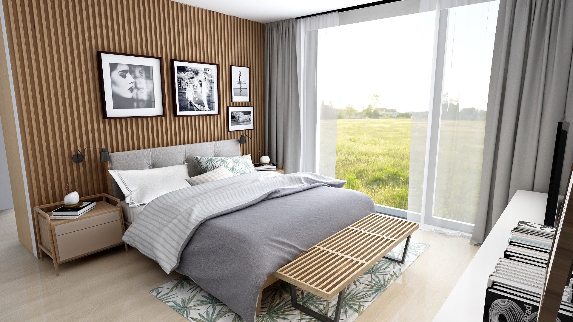 Bedroom with a wooden slat wall, an upholstered bed and a large window onto the countryside