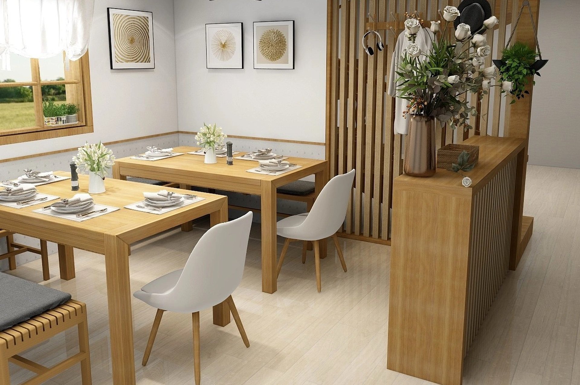 Set wooden tables and a slatted partition in a dining room