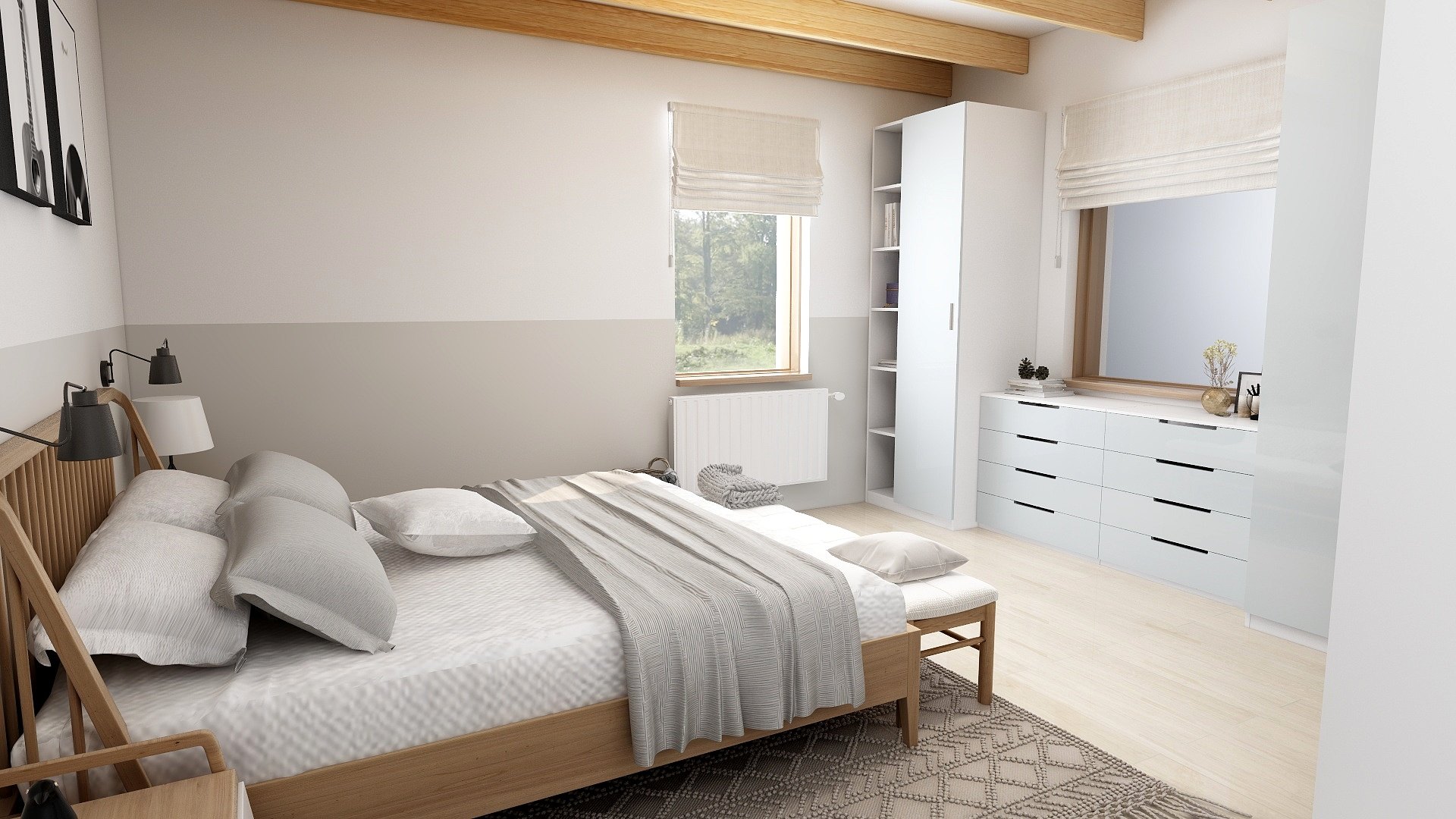 Bedroom with a wooden bed, exposed beams and a white chest of drawers