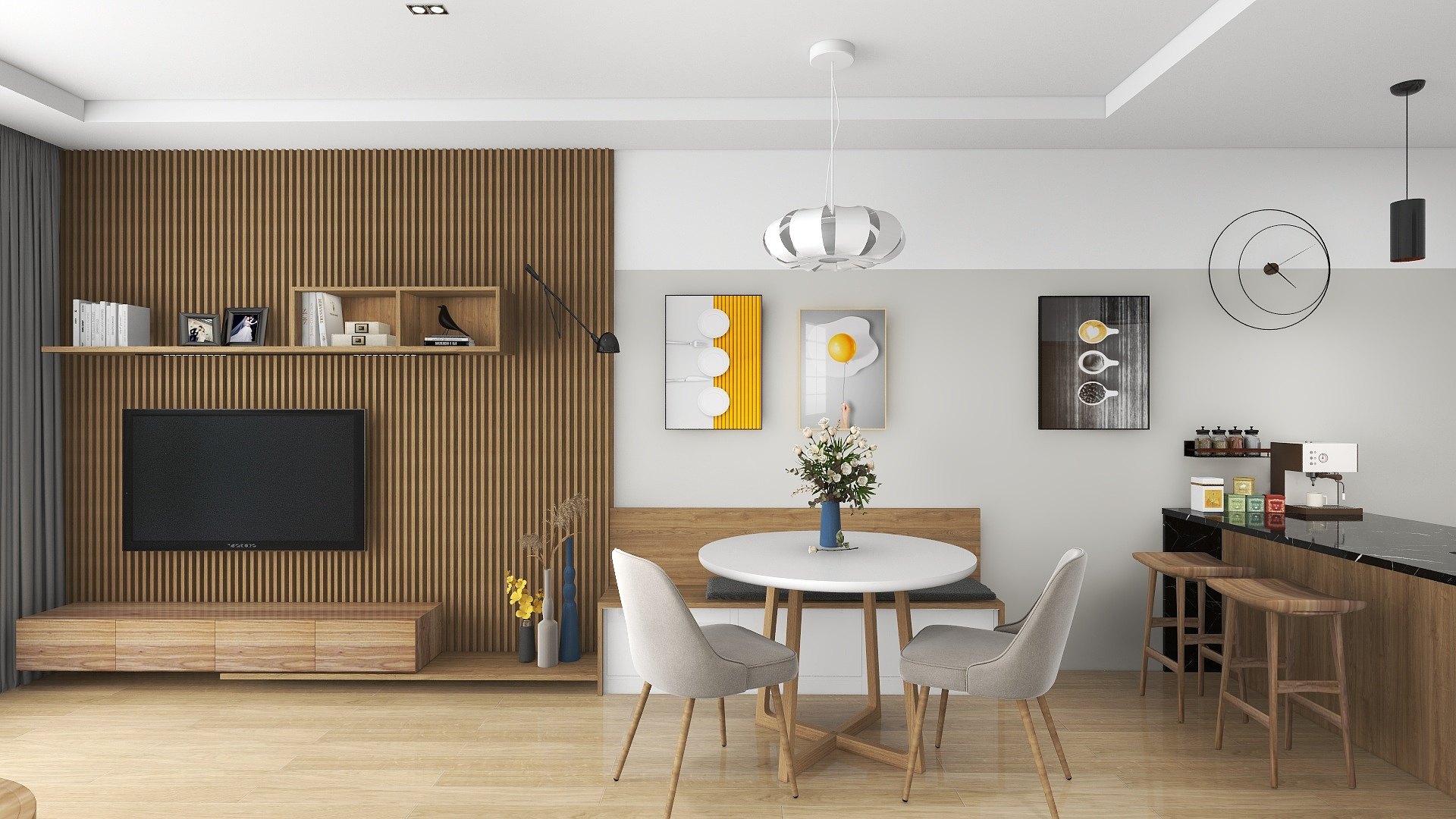 Living and dining area with a wooden slat TV wall and a round white table
