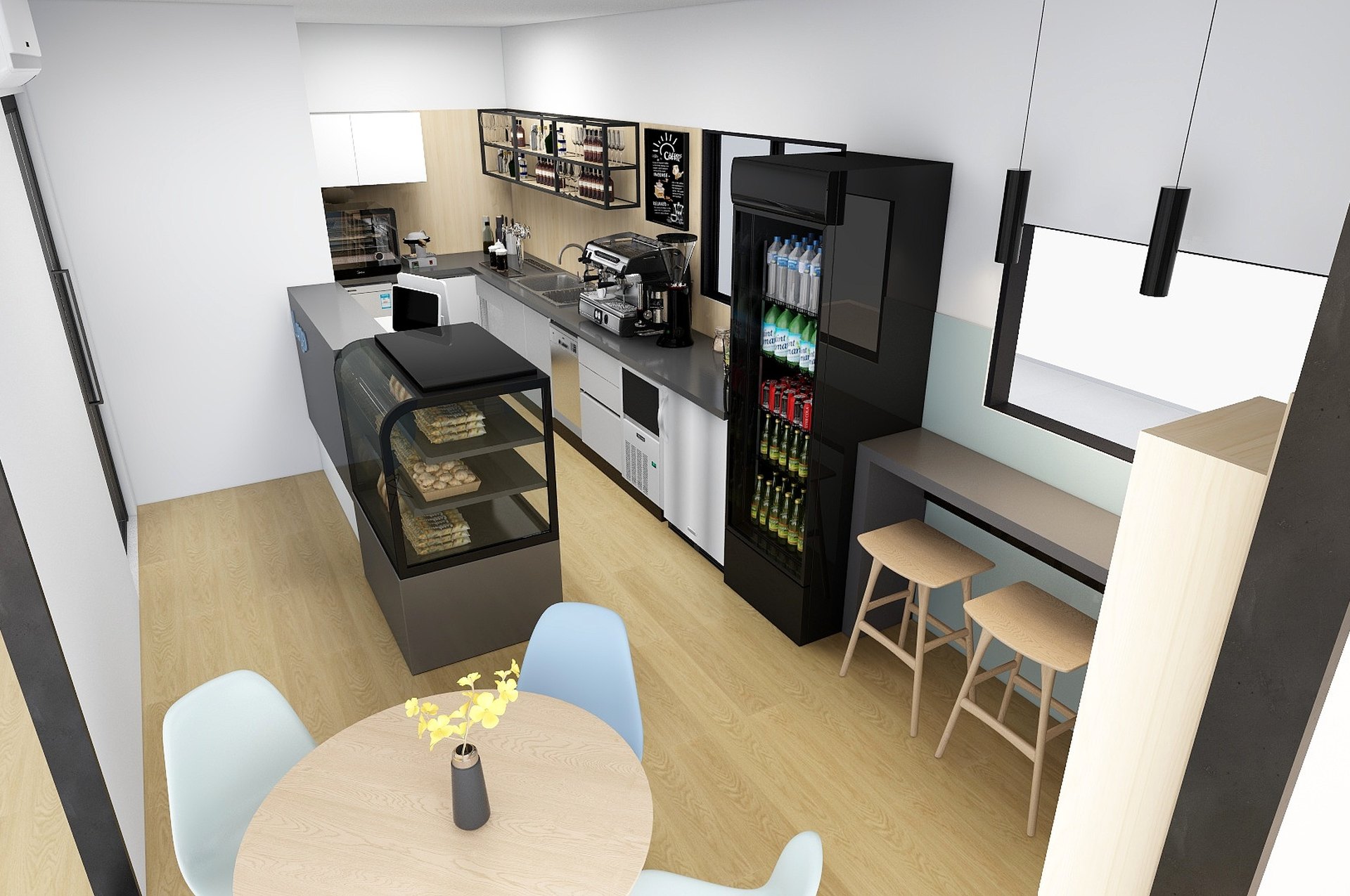 Bar with a counter, a pastry display, a drinks fridge and bar stools