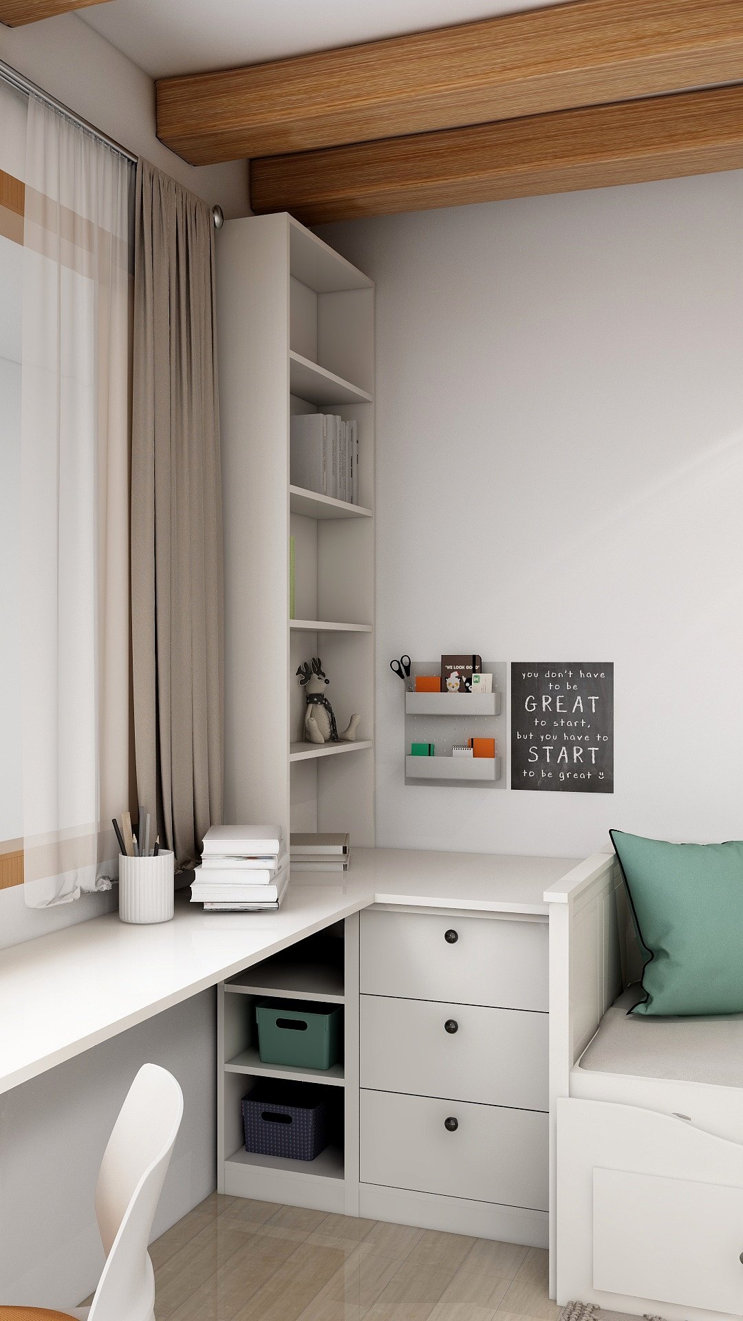 Corner of a children's room with a desk and white shelves