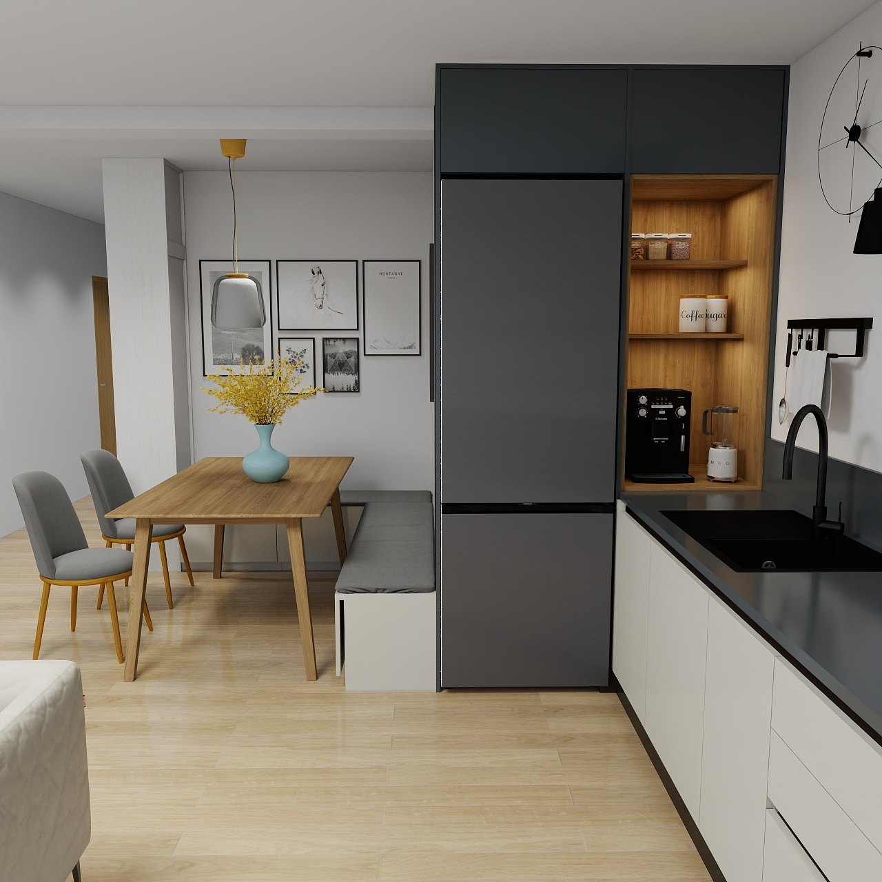 Flat in Vienna: kitchen with a tall grey unit and a dining table with a bench