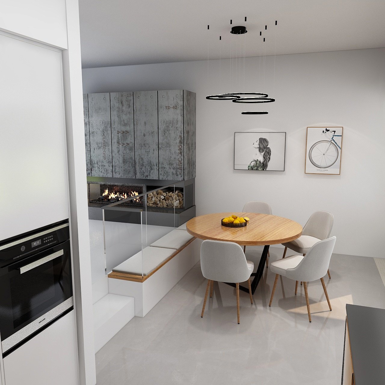 Dining room with a round oak table, a fireplace and a modern pendant light
