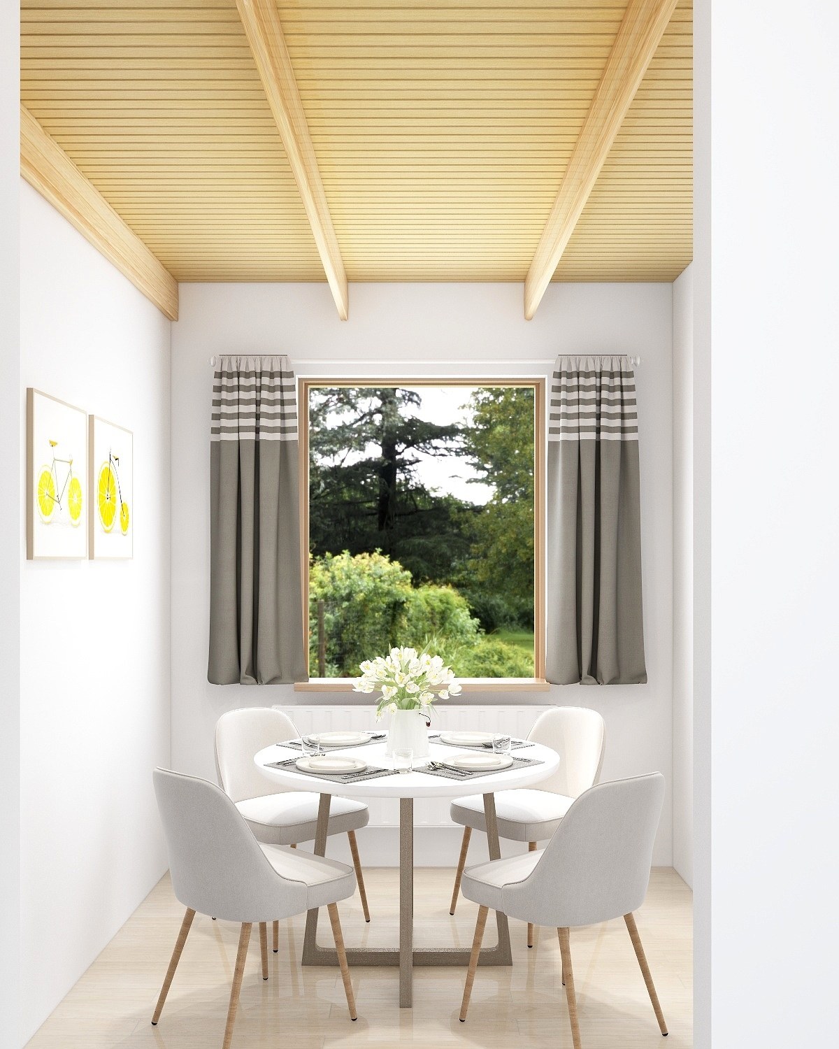 Dining nook under a sloping timber ceiling with a round table and a garden view