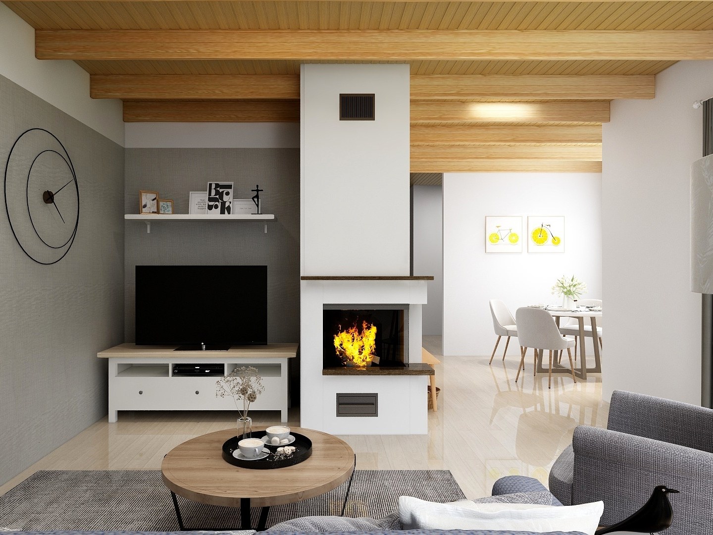 Living room with a white fireplace and a timber beam ceiling, family house in Hlohovec