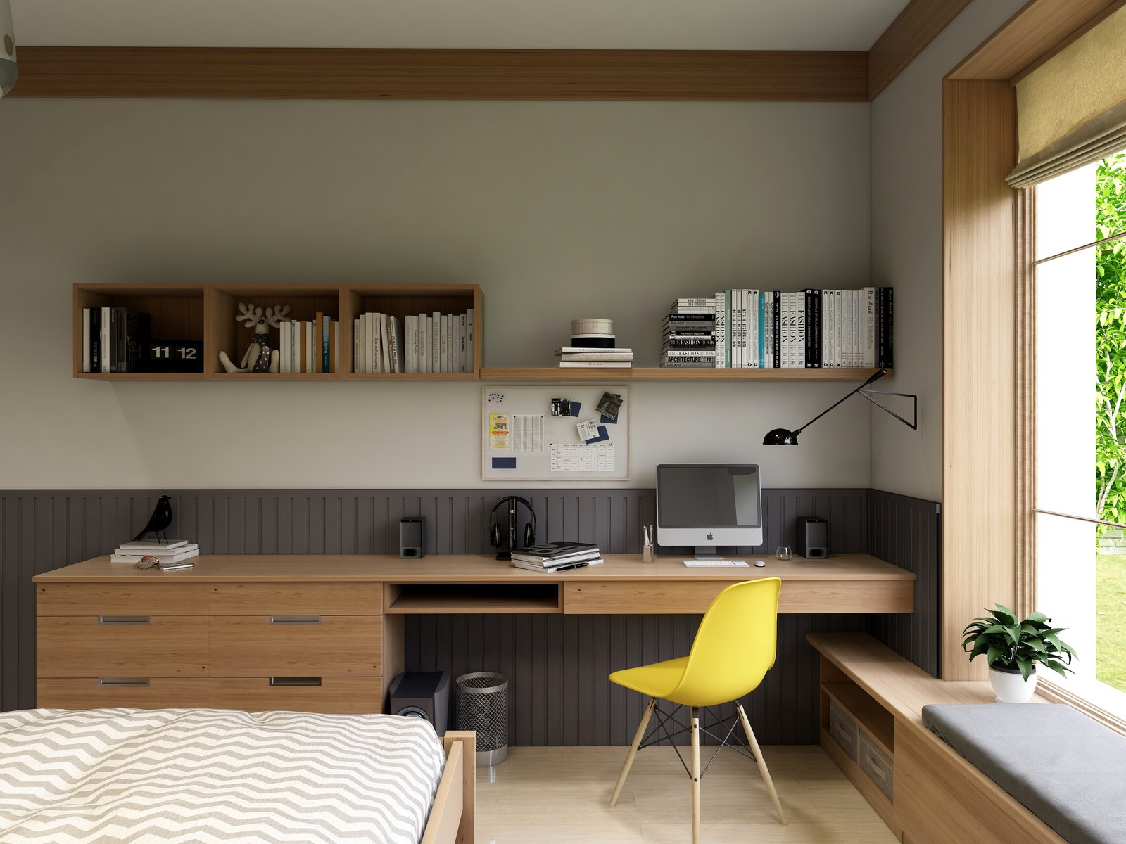 Study corner with a long wooden desk, bookshelves and a yellow chair