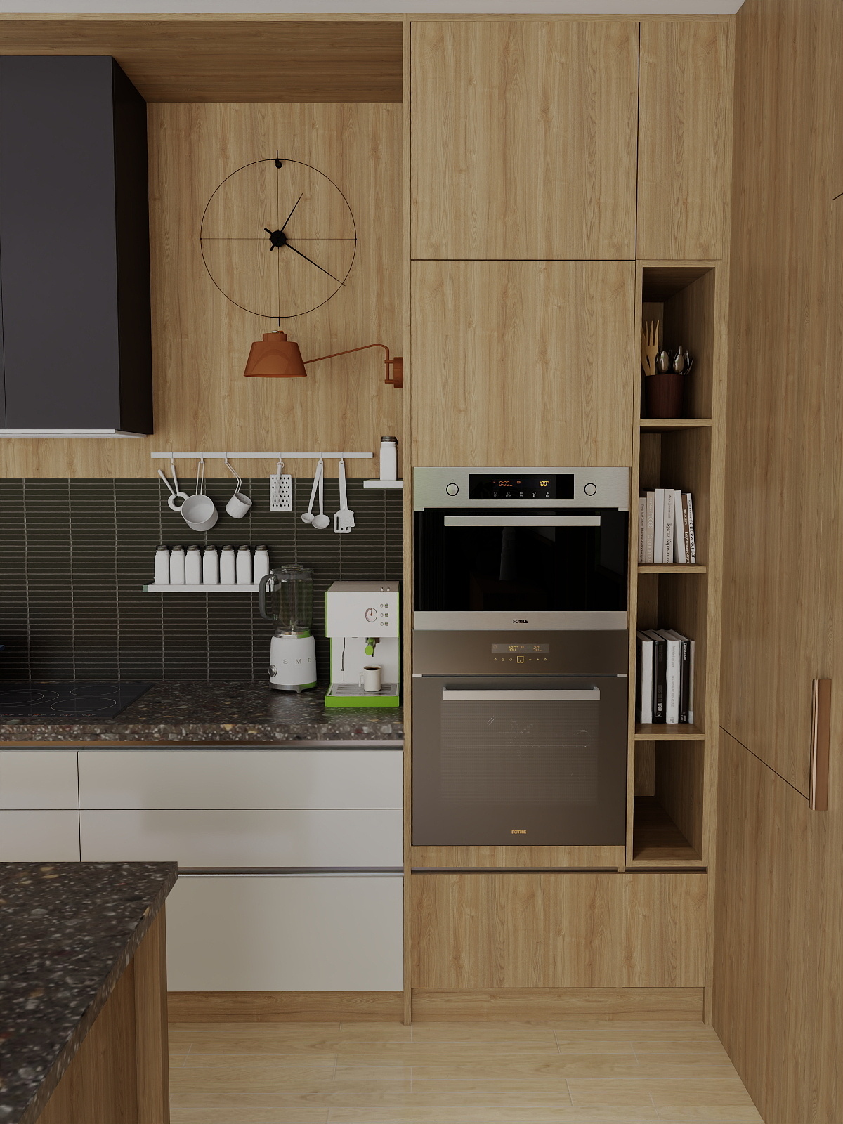 Kitchen detail with oak cabinets, built-in ovens and a wall clock
